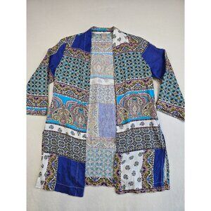 Chicos Patchwork Open-Front Linen Jacket Duster Cardigan Size 1 Medium
